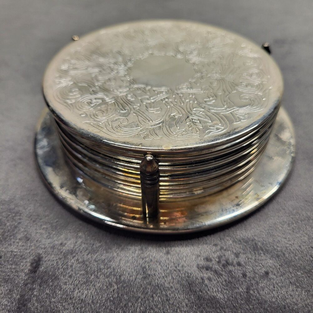 Silverplate Coasters With Stand Caddy  7 Piece Set Needs Polished
